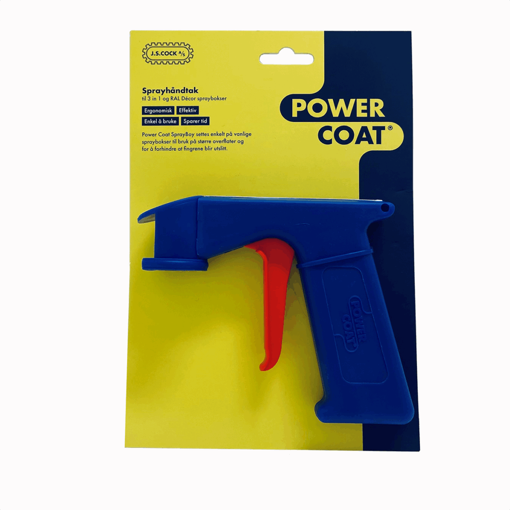 Produktbilde av Power Coat Sprayboy håndtak til sprayboks. På pakkopphenger til butikk i Power Coat farger gul og blå