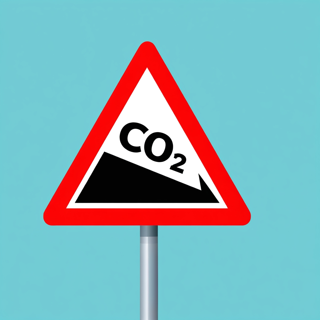 Trekant veiskilt med rød ytterkant, ordet CO2 på en nedoverbakke.