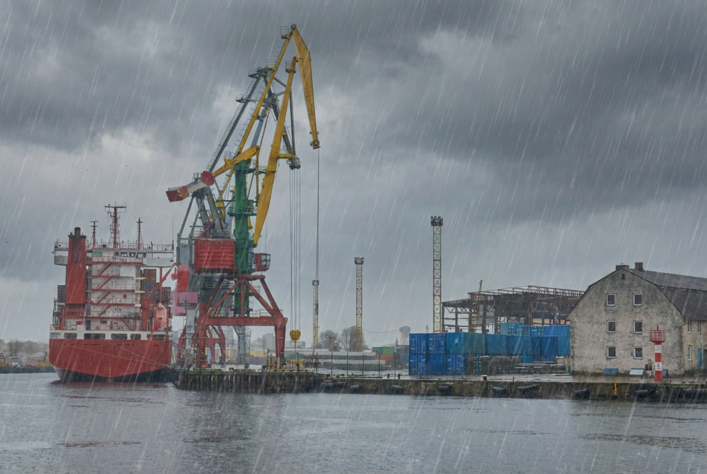 Kaianlegg med skip og kran i pøsregn