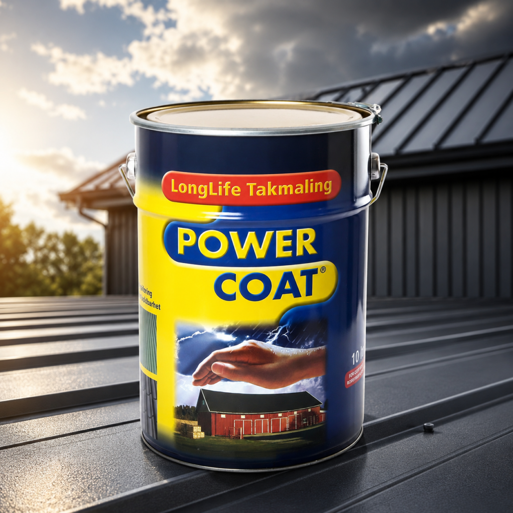 Malingsspann med Power Coat LongLife takmaling i forgrunn stående på et metalltak. En bygning med metalltak i bakgrunn