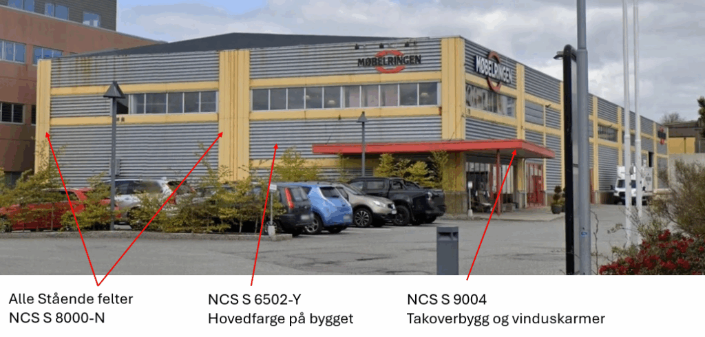 Næringsbygg på Sotra med forklarende tekst og piler