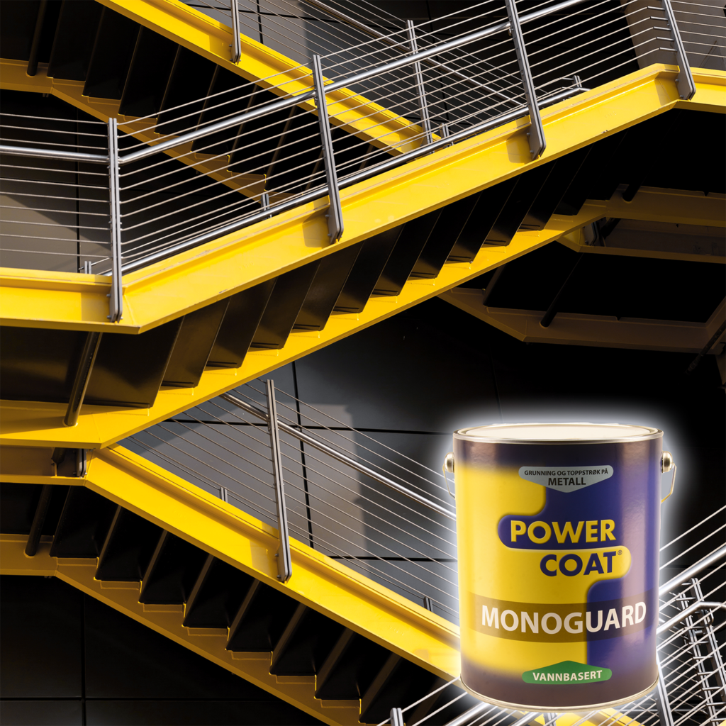 An eye-catching geometric abstract composition showcases bright yellow metal stairs accented by silver metal railings against a gray and black paneled wall. The image features bold angles and lines in an urban setting. The staircase is modern and industrial.