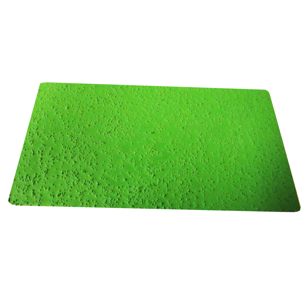 metallplate med grønn maling og slide-stop-additiv blandet inn, så overflaten er ru.