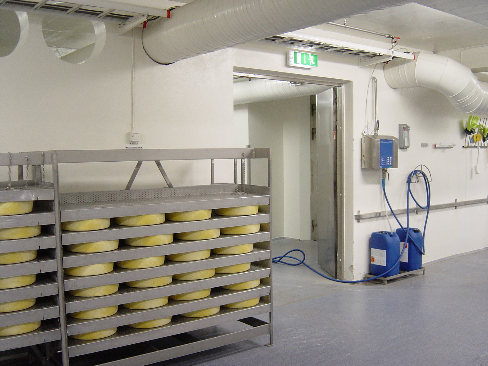 Produksjonslokaler med ost stablet i en reol. Vegg og gulv malt med epoksy