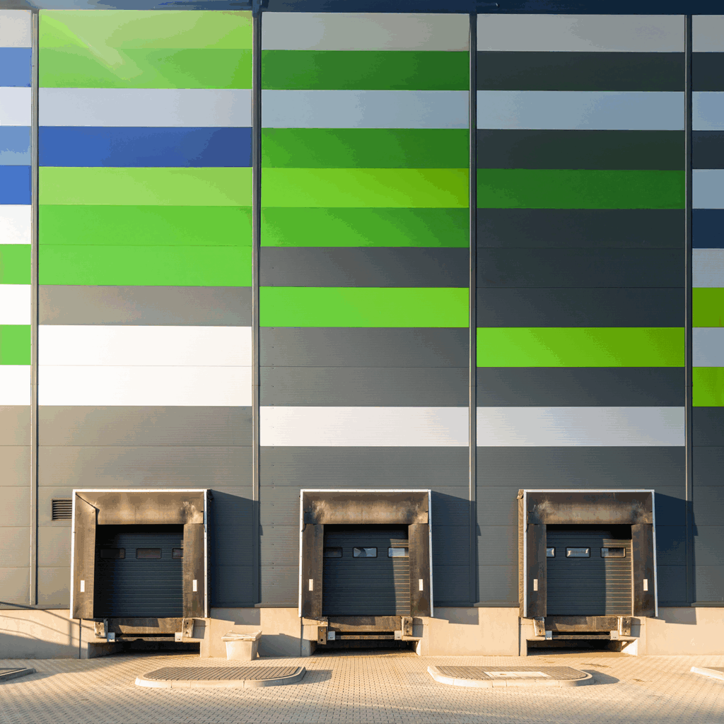 Del av veggen av et lagerbygg i mange farger, med 3 ramper og rulleporter nederst