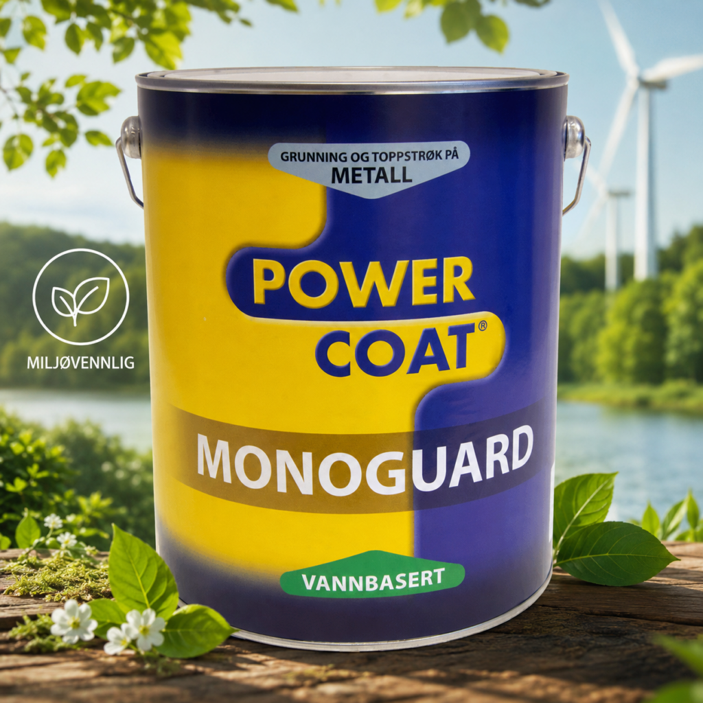 Et malingsspann med gul og blå etikett og logoen til Power Coat omringet av grønn natur