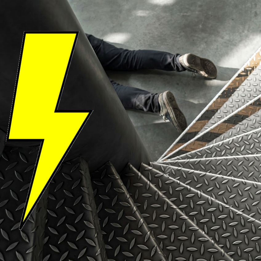 blikk nedover en stål vindeltrapp. på gulvet er det synlig to ben av en person som har falt ned trappen.